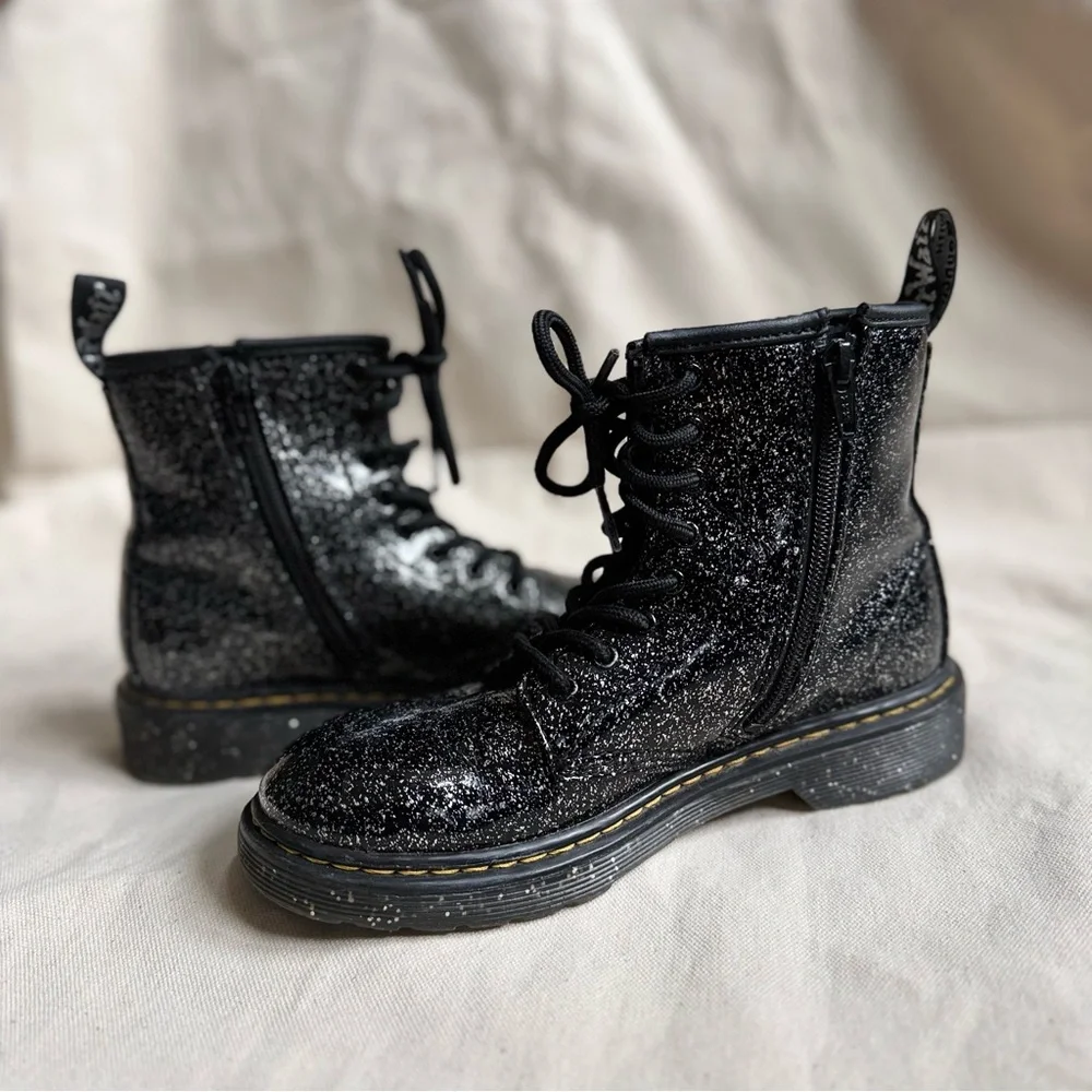 Dr. Martens Junior 1460 Boots in Black Cosmic Glitter Patent Leather